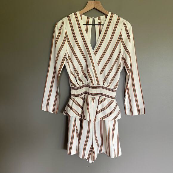 Maje Ieni Romper Size Medium Cream Bronze Striped Peplum One Piece Long Sleeve - Picture 4 of 16